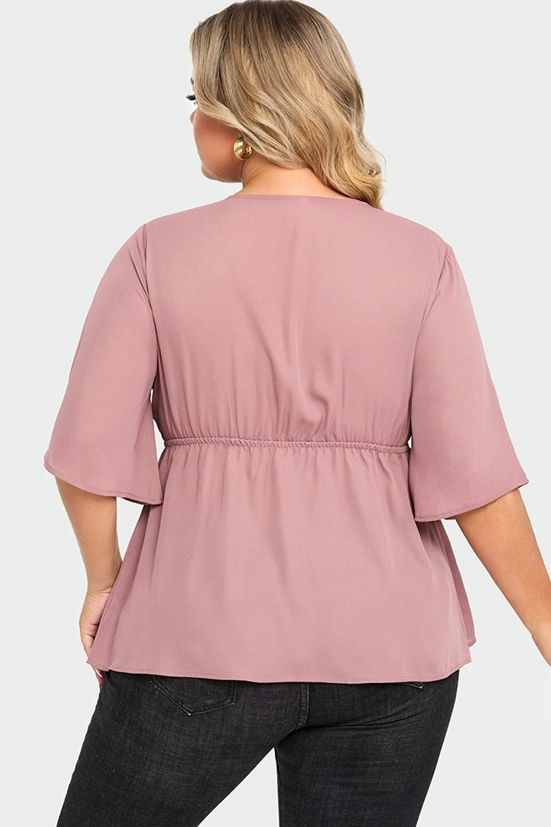 Pink Peplum V Neck Short Sleeve Blouse 2 Pink Peplum V Neck Short Sleeve Blouse - Image 2
