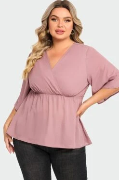 Pink Peplum V Neck Short Sleeve Blouse 8 Pink Peplum V Neck Short Sleeve Blouse -Bikini Bliss Shop c top009001 3