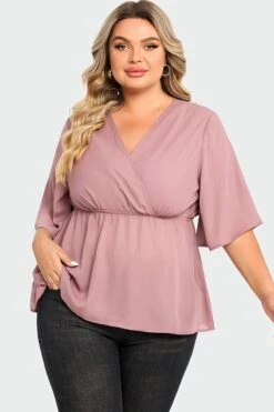 Pink Peplum V Neck Short Sleeve Blouse 9 Pink Peplum V Neck Short Sleeve Blouse -Bikini Bliss Shop c top009001 4