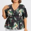 V-Neck Mesh Floral Print Ruffles Top