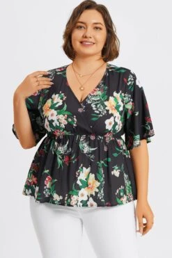 V-Neck Mesh Floral Print Ruffles Top