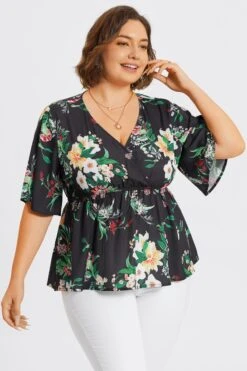 V-Neck Mesh Floral Print Ruffles Top -Bikini Bliss Shop c top009003 6
