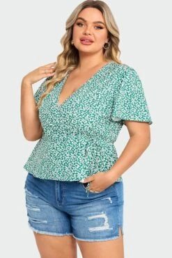 Floral Print Butterfly Sleeve Wrap Knot Side Blouse -Bikini Bliss Shop c top010001 4