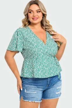 Floral Print Butterfly Sleeve Wrap Knot Side Blouse -Bikini Bliss Shop c top010001 6