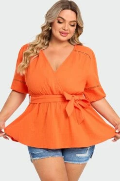 Orange V-Neck Puff Sleeves Side Tie Top
