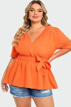 Orange V-Neck Puff Sleeves Side Tie Top -Bikini Bliss Shop c top012001 3