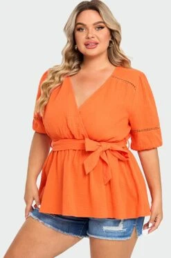 Orange V-Neck Puff Sleeves Side Tie Top -Bikini Bliss Shop c top012001 4