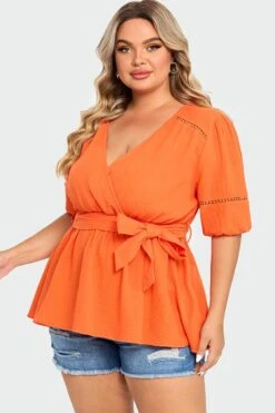 Orange V-Neck Puff Sleeves Side Tie Top -Bikini Bliss Shop c top012001 5