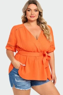 Orange V-Neck Puff Sleeves Side Tie Top -Bikini Bliss Shop c top012001 6