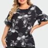 Plus Size Floral Print Round Neck Ruffle Sleeves Top