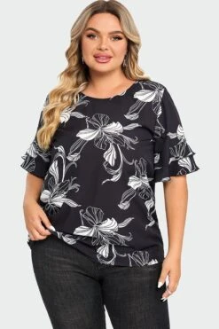 Plus Size Floral Print Round Neck Ruffle Sleeves Top -Bikini Bliss Shop c top013001 3