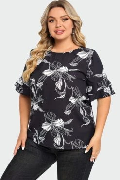 Plus Size Floral Print Round Neck Ruffle Sleeves Top -Bikini Bliss Shop c top013001 4