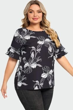 Plus Size Floral Print Round Neck Ruffle Sleeves Top -Bikini Bliss Shop c top013001 5