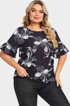 Plus Size Floral Print Round Neck Ruffle Sleeves Top -Bikini Bliss Shop c top013001 6