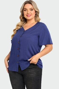 Dark Blue Solid Button V Neck Ruffles Blouse -Bikini Bliss Shop c top014001 4