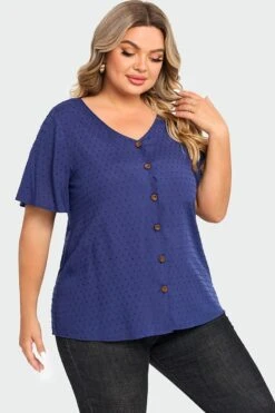 Dark Blue Solid Button V Neck Ruffles Blouse -Bikini Bliss Shop c top014001 5