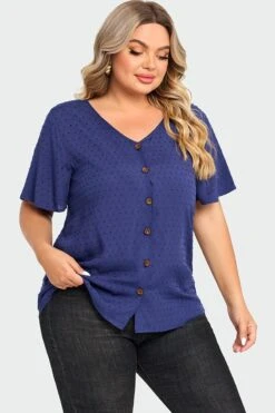 Dark Blue Solid Button V Neck Ruffles Blouse -Bikini Bliss Shop c top014001 6