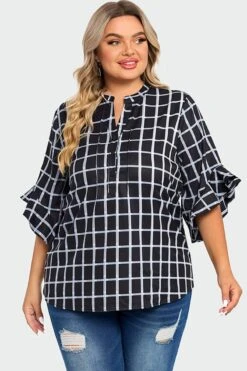 Plus Size Plaid Split V-Neck 3/4 Ruffle Sleeve Blouse -Bikini Bliss Shop c top015001 3