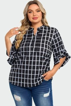 Plus Size Plaid Split V-Neck 3/4 Ruffle Sleeve Blouse -Bikini Bliss Shop c top015001 4