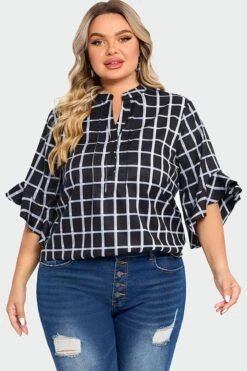 Plus Size Plaid Split V-Neck 3/4 Ruffle Sleeve Blouse -Bikini Bliss Shop c top015001 5