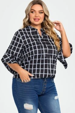 Plus Size Plaid Split V-Neck 3/4 Ruffle Sleeve Blouse -Bikini Bliss Shop c top015001 6