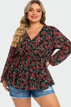 V-Neck Floral Printed Lantern Sleeve Ruffle Blouse -Bikini Bliss Shop c topbc009002 3