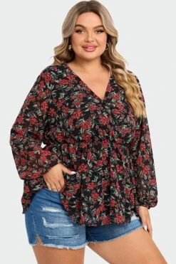 V-Neck Floral Printed Lantern Sleeve Ruffle Blouse -Bikini Bliss Shop c topbc009002 5