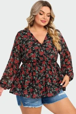 V-Neck Floral Printed Lantern Sleeve Ruffle Blouse -Bikini Bliss Shop c topbc009002 6
