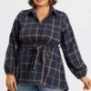 Plaid Long Sleeve High Low Hem Belted Blouse