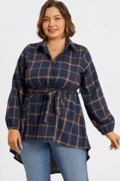 Plaid Long Sleeve High Low Hem Belted Blouse