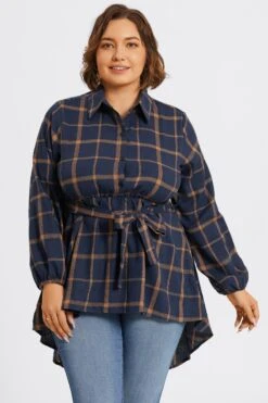 Plaid Long Sleeve High Low Hem Belted Blouse -Bikini Bliss Shop c topbc017001 3