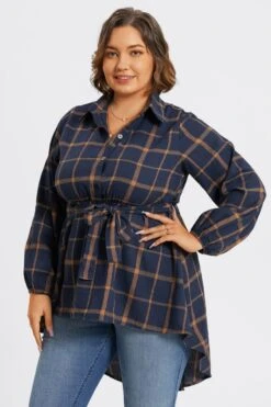 Plaid Long Sleeve High Low Hem Belted Blouse -Bikini Bliss Shop c topbc017001 4