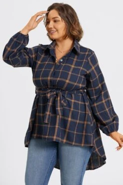 Plaid Long Sleeve High Low Hem Belted Blouse -Bikini Bliss Shop c topbc017001 5