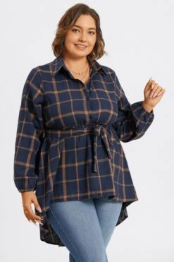 Plaid Long Sleeve High Low Hem Belted Blouse -Bikini Bliss Shop c topbc017001 6