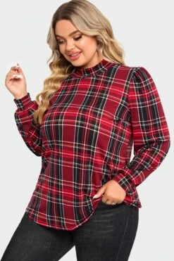 Plaid Long Sleeve Round Neck Long Blouse 10 Plaid Long Sleeve Round Neck Long Blouse -Bikini Bliss Shop c topbc018001 5