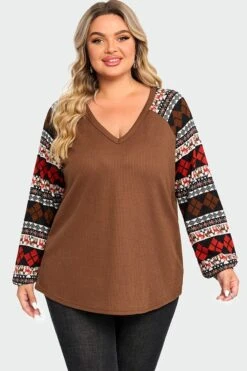 V-Neck Geometric Patchwork Knit Long Sleeve Blouse -Bikini Bliss Shop c topbc020001 3