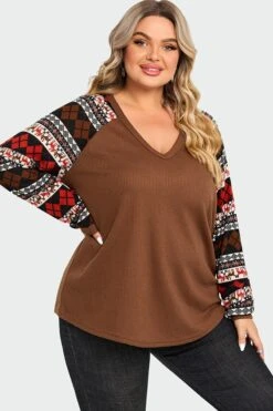V-Neck Geometric Patchwork Knit Long Sleeve Blouse -Bikini Bliss Shop c topbc020001 6