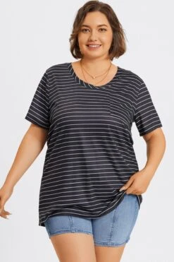 V-Neck Stripe Short Sleeve Pocket Front Top