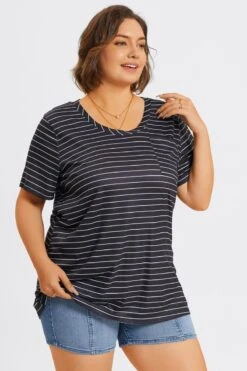 V-Neck Stripe Short Sleeve Pocket Front Top -Bikini Bliss Shop c topbc025001 6