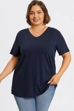 Plus Size Navy Blue V-Neck Loose Fit Basic Top -Bikini Bliss Shop c topbc025002 1