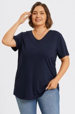 Plus Size Navy Blue V-Neck Loose Fit Basic Top -Bikini Bliss Shop c topbc025002 4