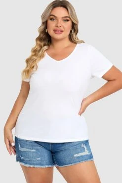 Plus Size White Short Sleeve Basic V-Neck Top -Bikini Bliss Shop c topbc025003 3