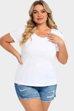 Plus Size White Short Sleeve Basic V-Neck Top -Bikini Bliss Shop c topbc025003 4