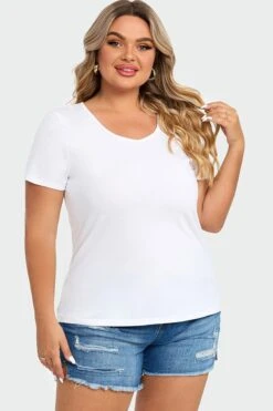 Plus Size White Short Sleeve Basic V-Neck Top -Bikini Bliss Shop c topbc025003 5