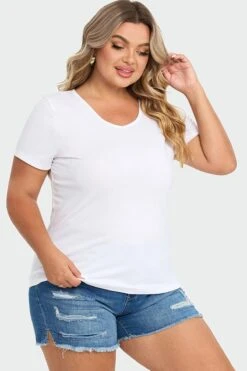 Plus Size White Short Sleeve Basic V-Neck Top -Bikini Bliss Shop c topbc025003 6