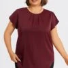 Plus Size Burgundy Round Neck Cap Sleeve Blouse