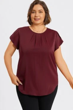 Plus Size Burgundy Round Neck Cap Sleeve Blouse