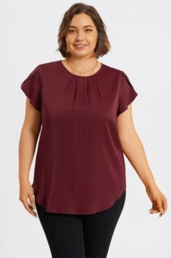 Plus Size Burgundy Round Neck Cap Sleeve Blouse -Bikini Bliss Shop c topbc026001 3