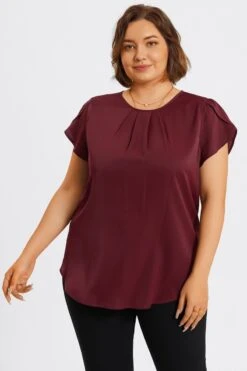 Plus Size Burgundy Round Neck Cap Sleeve Blouse -Bikini Bliss Shop c topbc026001 4