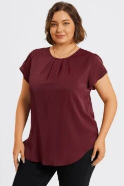 Plus Size Burgundy Round Neck Cap Sleeve Blouse -Bikini Bliss Shop c topbc026001 5